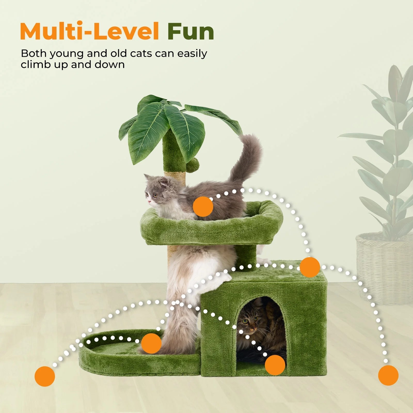 31.5'' Cat Tree Tower with Green Leaf Design – Plush Cat Condo with Scratching Posts, Cozy House, and Hanging Ball for Indoor Cats