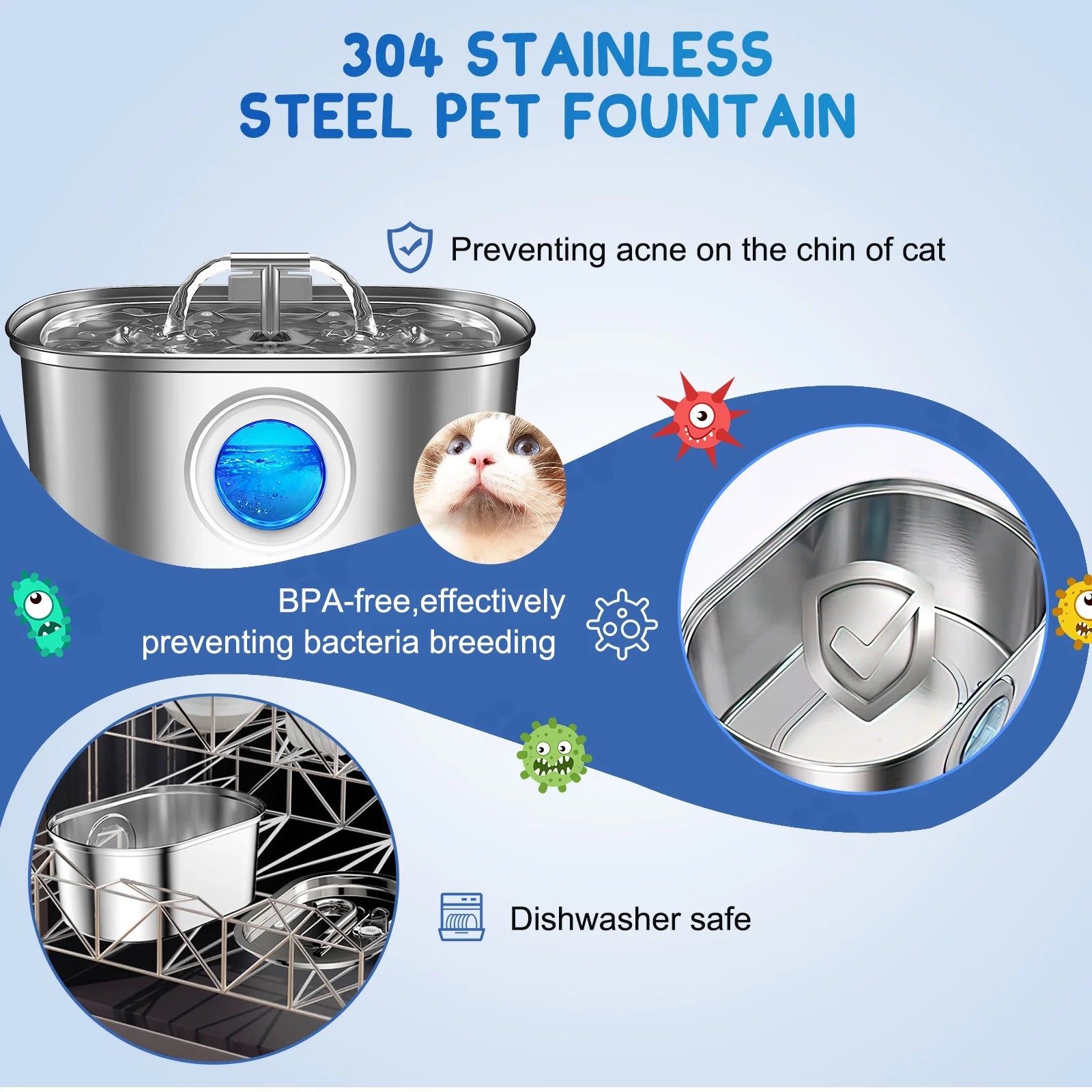 Stainless Steel Cat Water Fountain – 108oz/3.2L Pet Drinking Fountain with Water Level Window, Quiet Pump & 4 Replacement Filters for Cats and Dogs