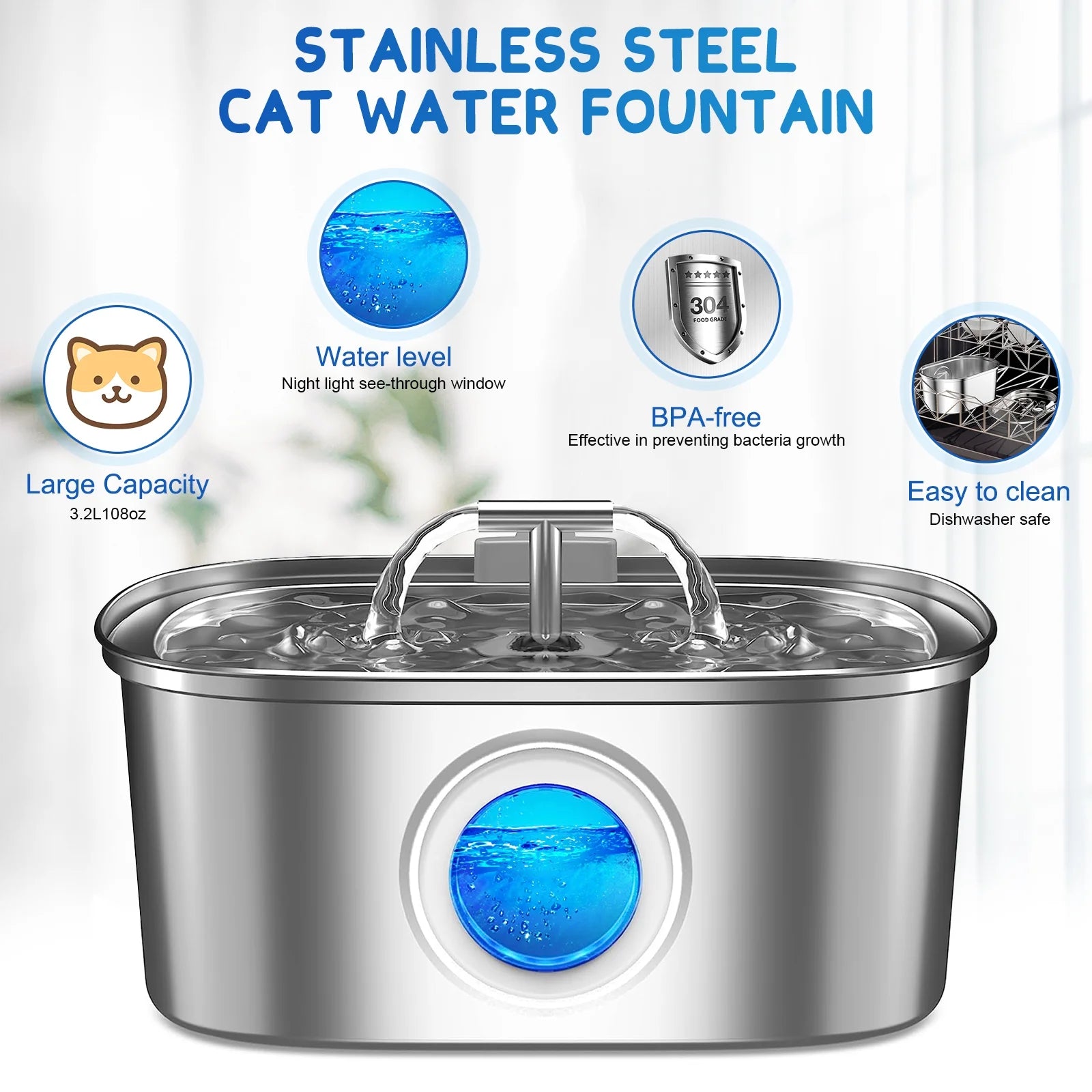 Stainless Steel Cat Water Fountain – 108oz/3.2L Pet Drinking Fountain with Water Level Window, Quiet Pump & 4 Replacement Filters for Cats and Dogs