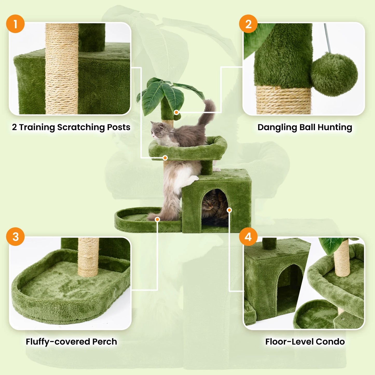 31.5'' Cat Tree Tower with Green Leaf Design – Plush Cat Condo with Scratching Posts, Cozy House, and Hanging Ball for Indoor Cats