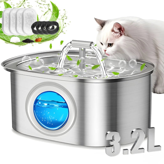 Stainless Steel Cat Water Fountain – 108oz/3.2L Pet Drinking Fountain with Water Level Window, Quiet Pump & 4 Replacement Filters for Cats and Dogs