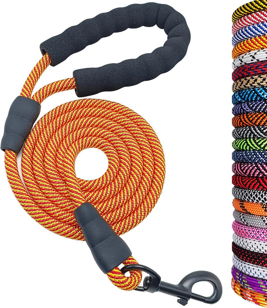 6FT Heavy Duty Rope Dog Leash – Durable Nylon Pet Lead with Soft Padded Handle, 1/2'' Thick, for Medium & Large Dogs (Orange)