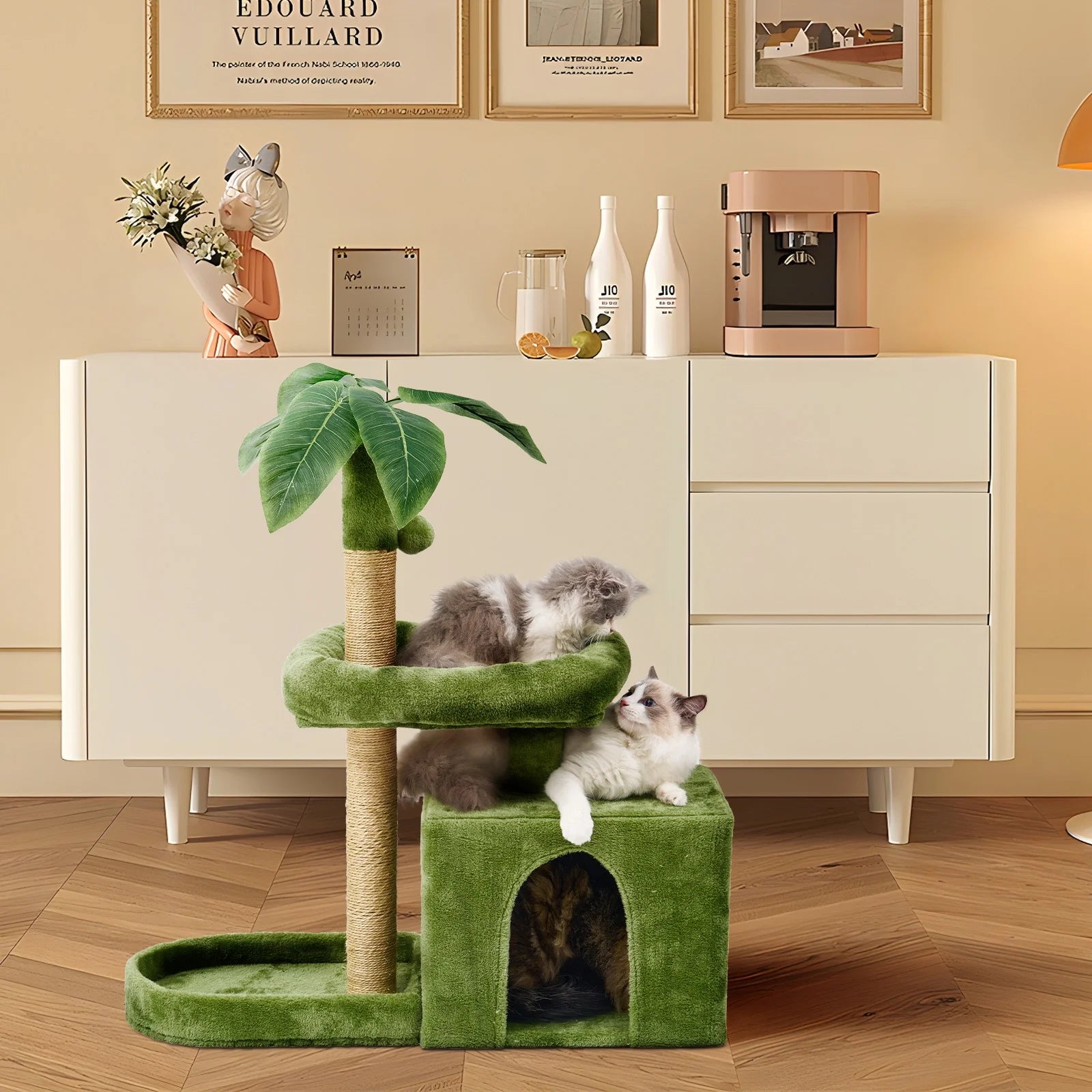 31.5'' Cat Tree Tower with Green Leaf Design – Plush Cat Condo with Scratching Posts, Cozy House, and Hanging Ball for Indoor Cats