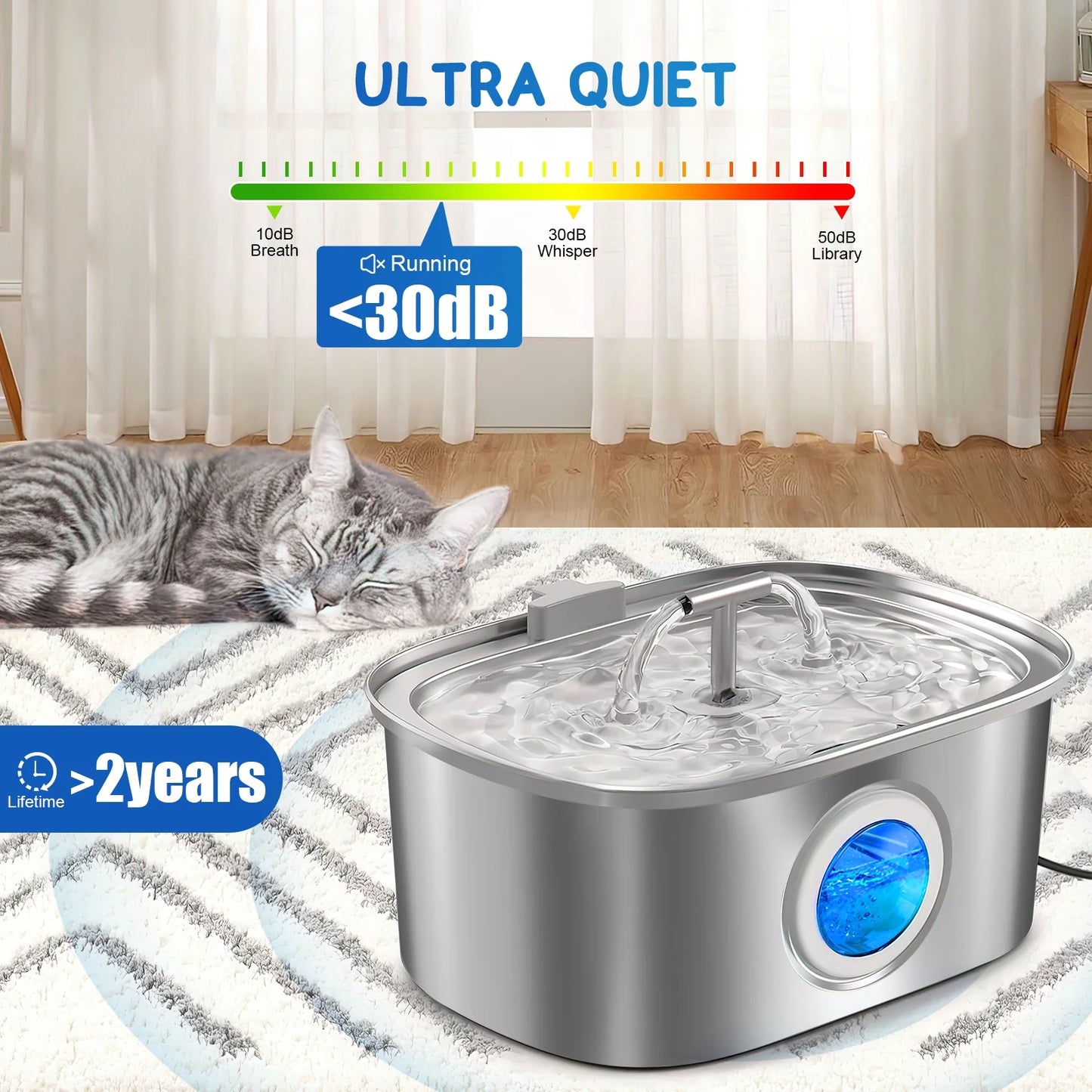 Stainless Steel Cat Water Fountain – 108oz/3.2L Pet Drinking Fountain with Water Level Window, Quiet Pump & 4 Replacement Filters for Cats and Dogs