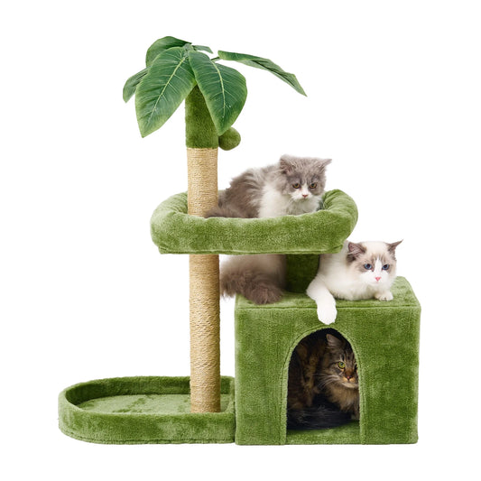 31.5'' Cat Tree Tower with Green Leaf Design – Plush Cat Condo with Scratching Posts, Cozy House, and Hanging Ball for Indoor Cats