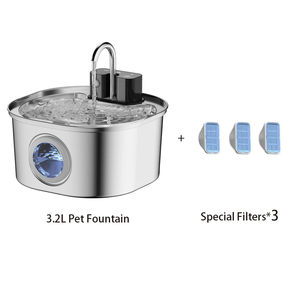 3.2L Wireless Stainless Steel Pet Water Feeder Auto Cat Fountain Faucet Smart Dog Water Dispenser Visual Window Drinking Bowl