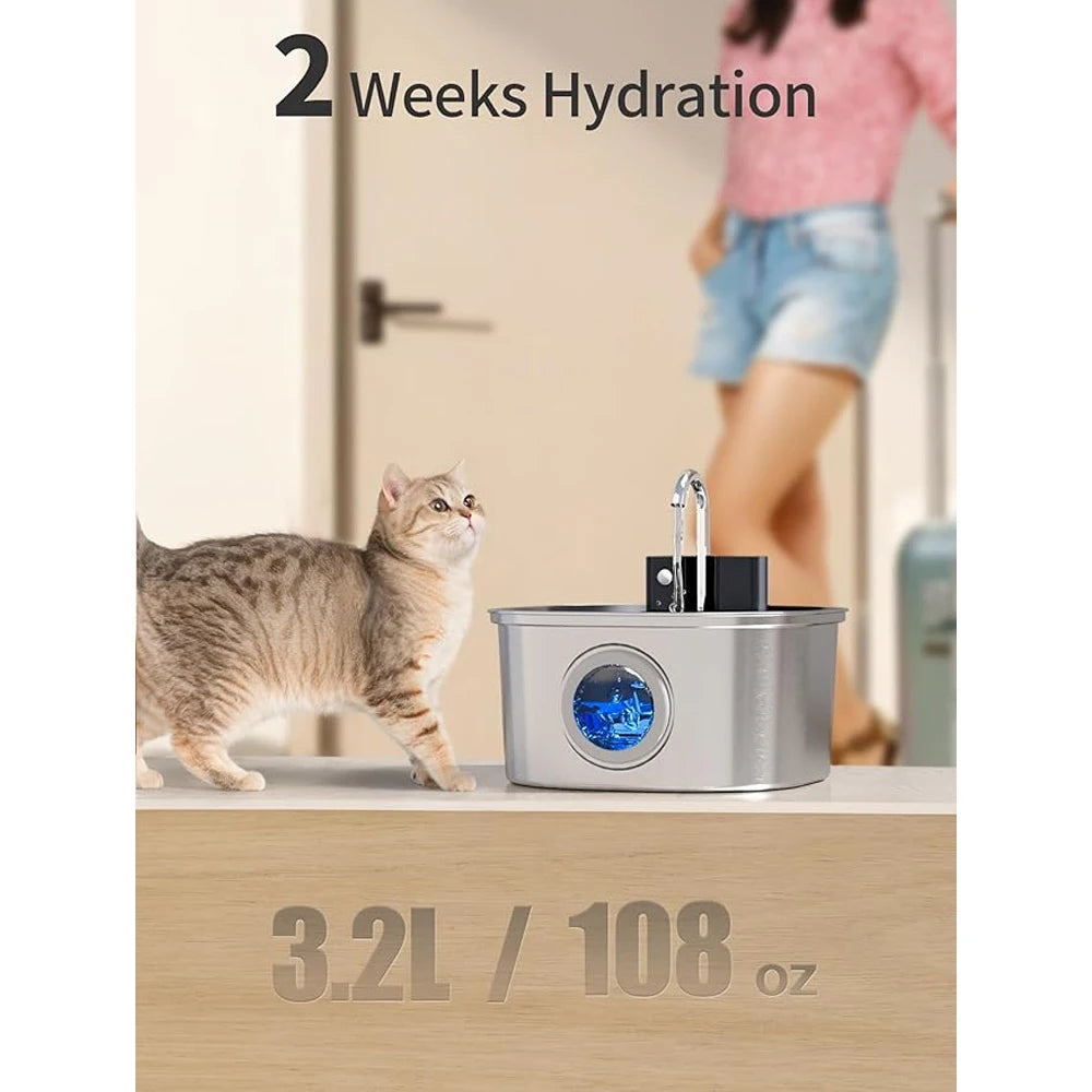 3.2L Wireless Stainless Steel Pet Water Feeder Auto Cat Fountain Faucet Smart Dog Water Dispenser Visual Window Drinking Bowl