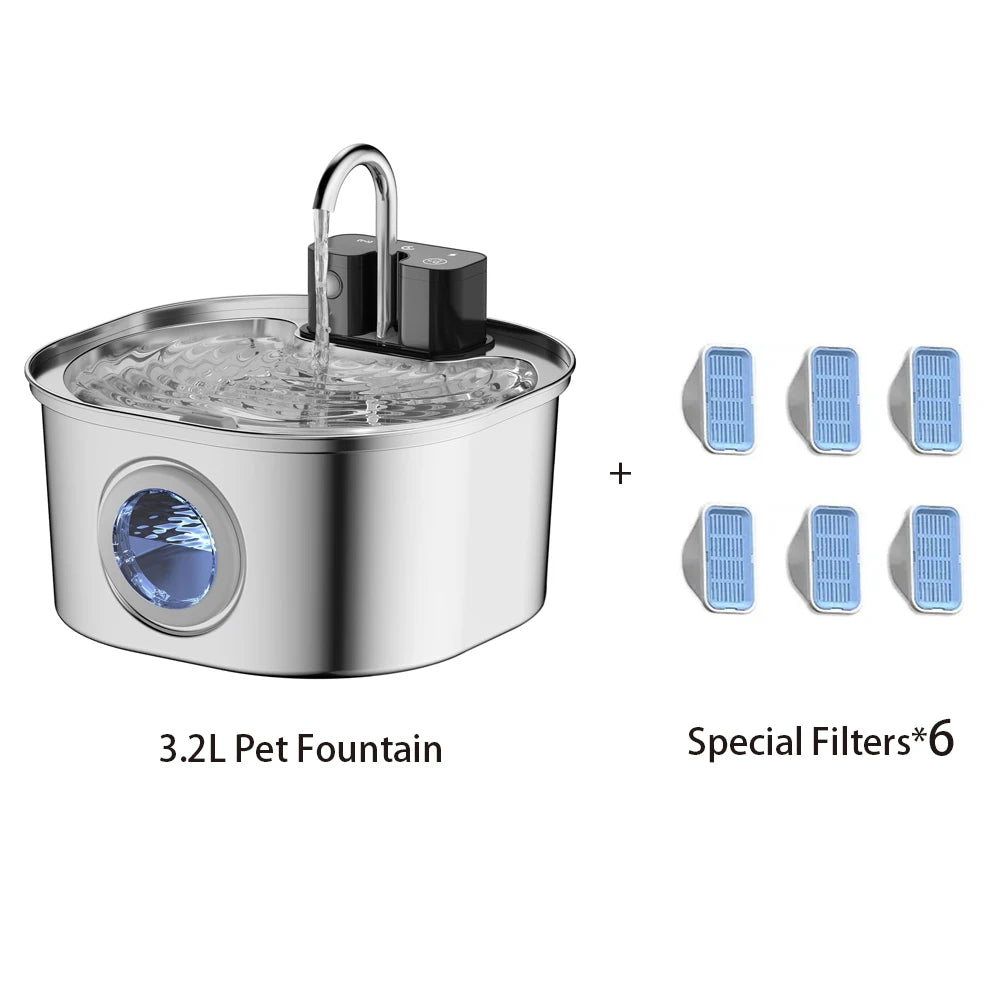 3.2L Wireless Stainless Steel Pet Water Feeder Auto Cat Fountain Faucet Smart Dog Water Dispenser Visual Window Drinking Bowl