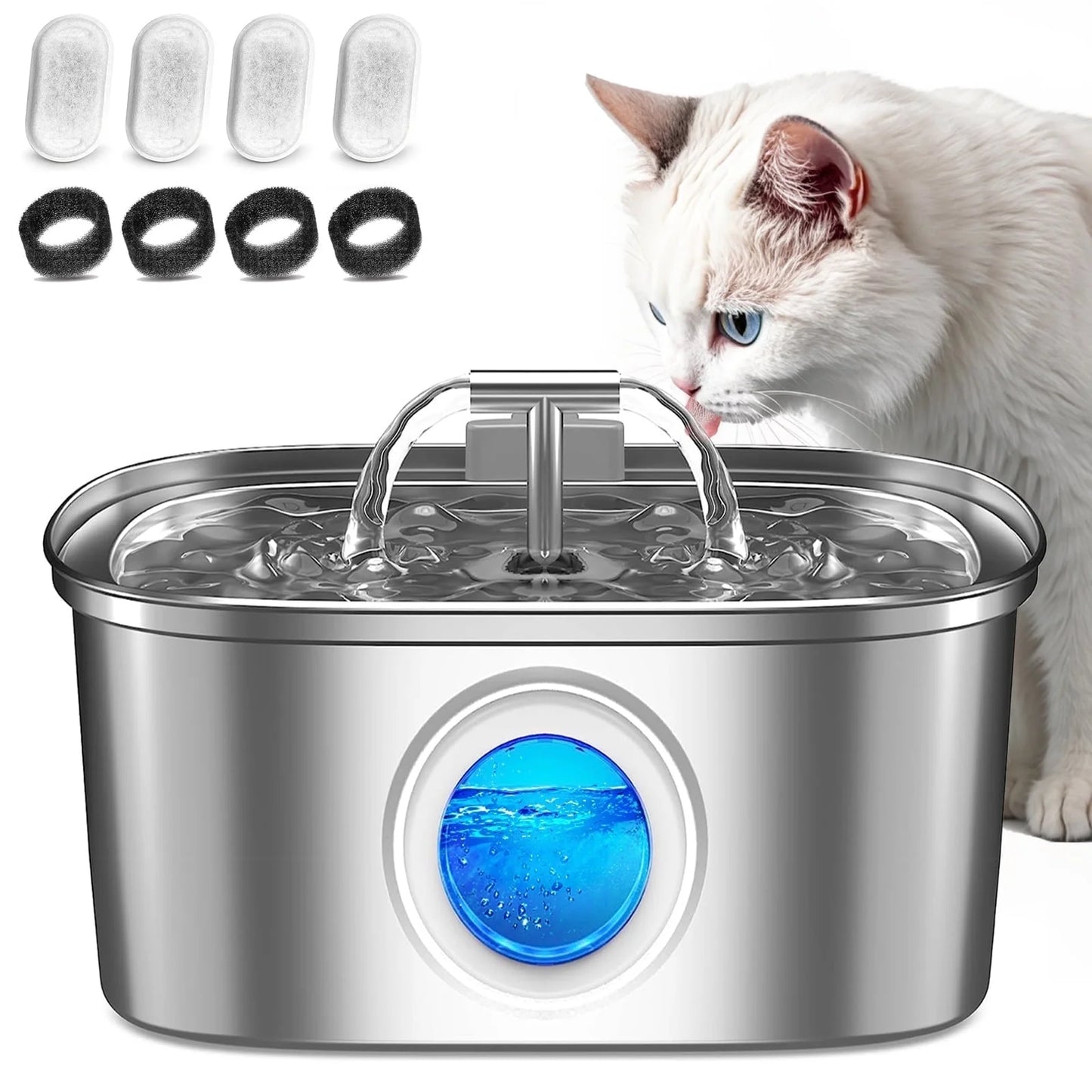 Stainless Steel Cat Water Fountain – 108oz/3.2L Pet Drinking Fountain with Water Level Window, Quiet Pump & 4 Replacement Filters for Cats and Dogs