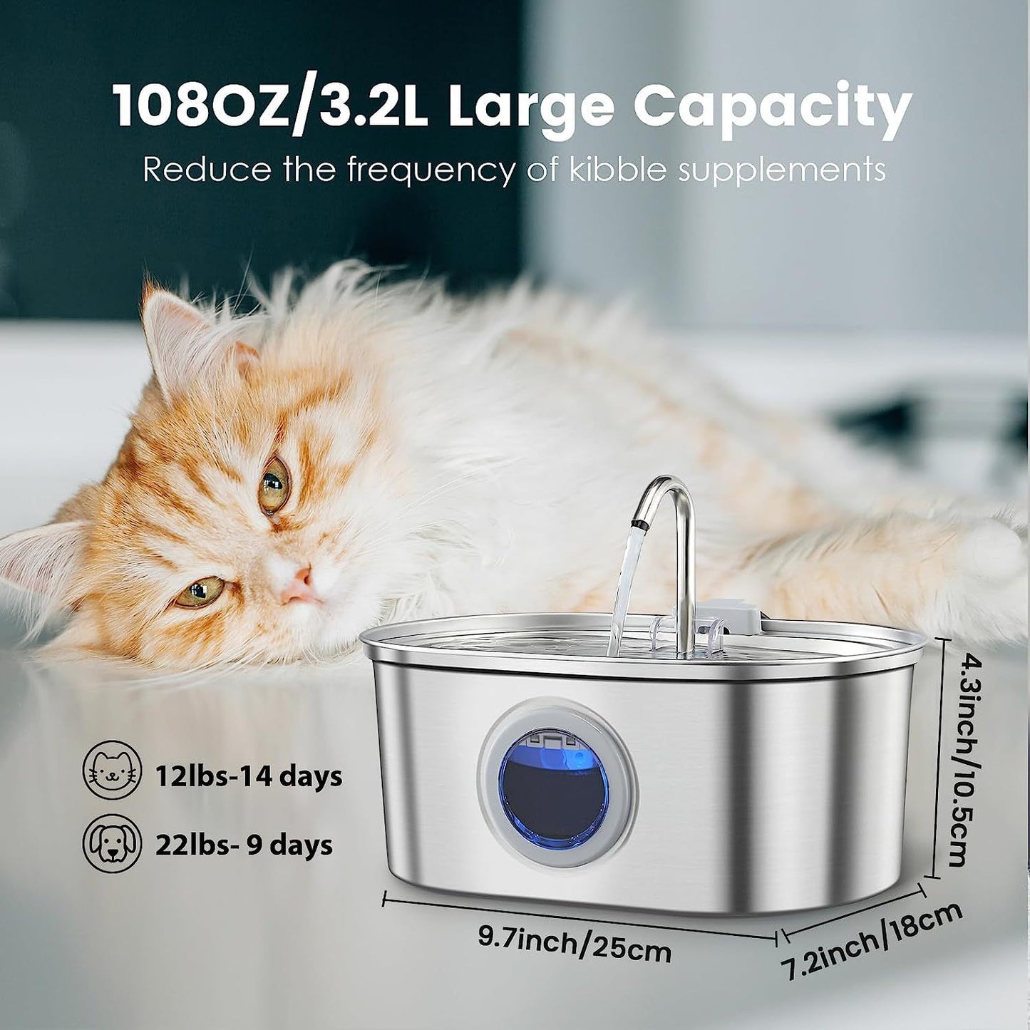 Premium Stainless Steel Pet Water Fountain – 3.2L, Rechargeable, Motion Sensor, Quiet & Easy to Clean