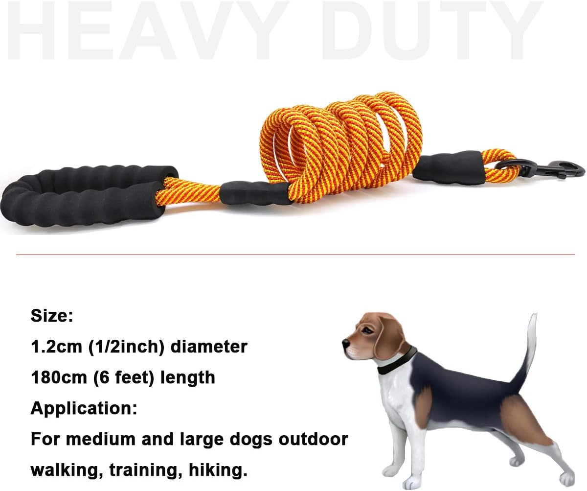 6FT Heavy Duty Rope Dog Leash – Durable Nylon Pet Lead with Soft Padded Handle, 1/2'' Thick, for Medium & Large Dogs (Orange)
