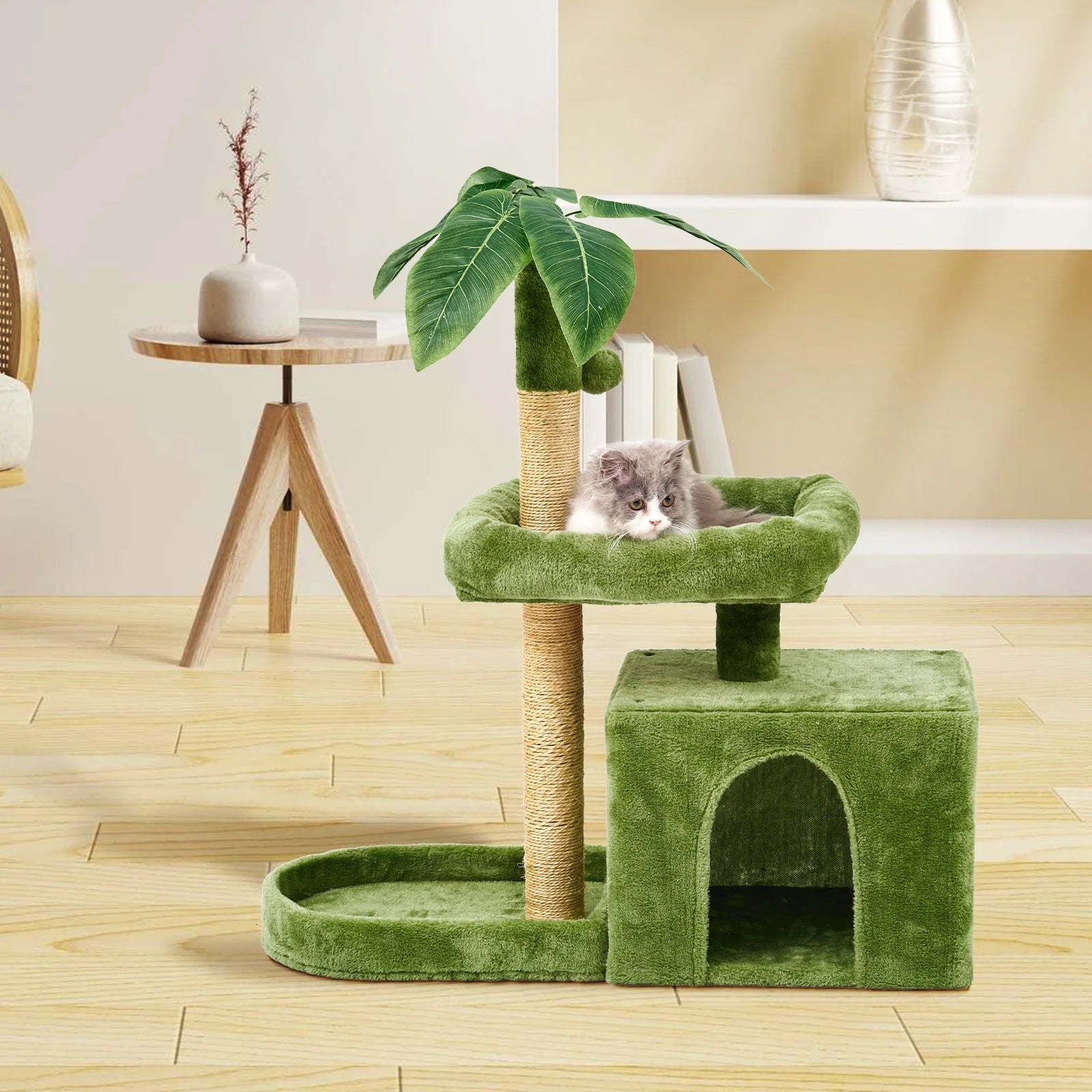 31.5'' Cat Tree Tower with Green Leaf Design – Plush Cat Condo with Scratching Posts, Cozy House, and Hanging Ball for Indoor Cats