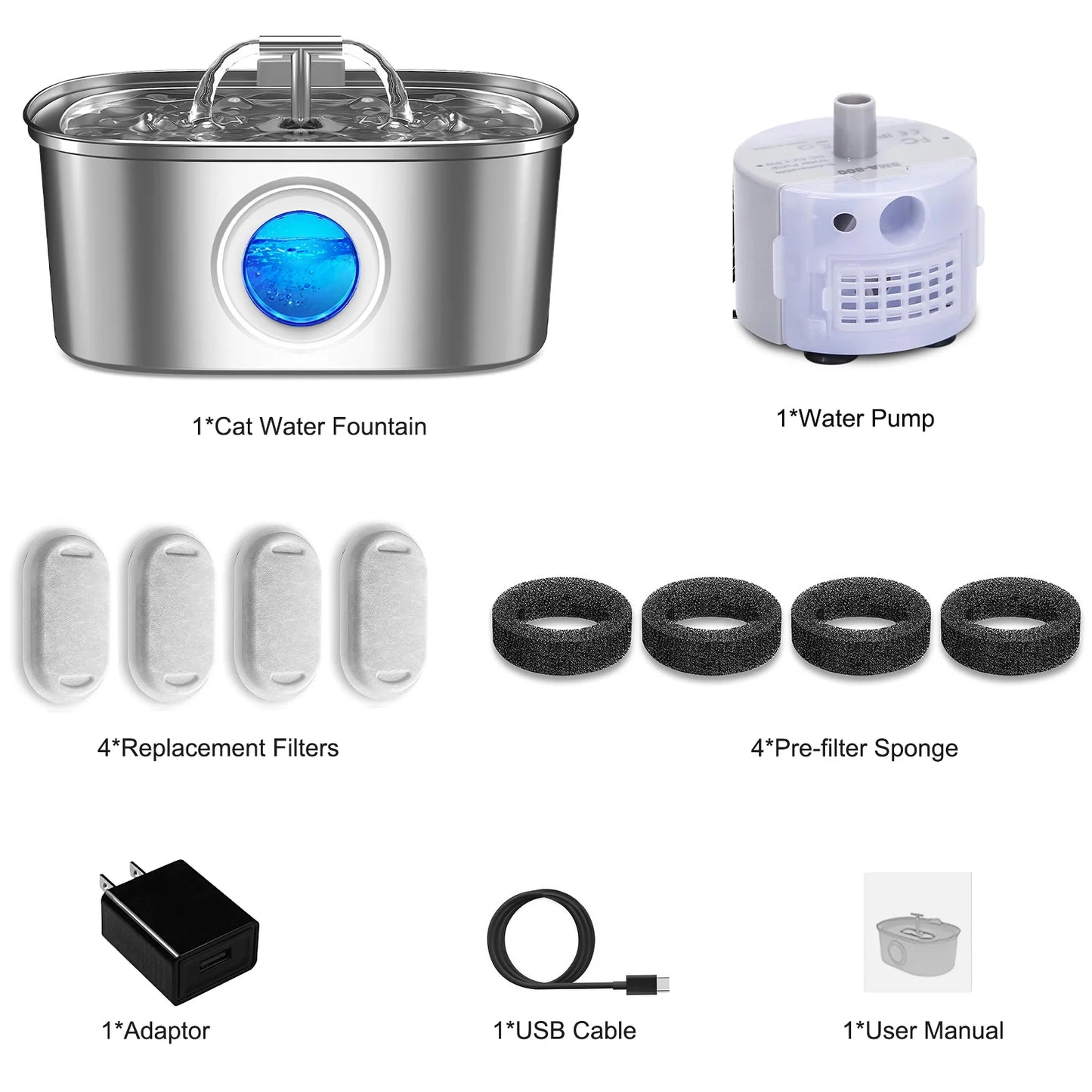 Stainless Steel Cat Water Fountain – 108oz/3.2L Pet Drinking Fountain with Water Level Window, Quiet Pump & 4 Replacement Filters for Cats and Dogs