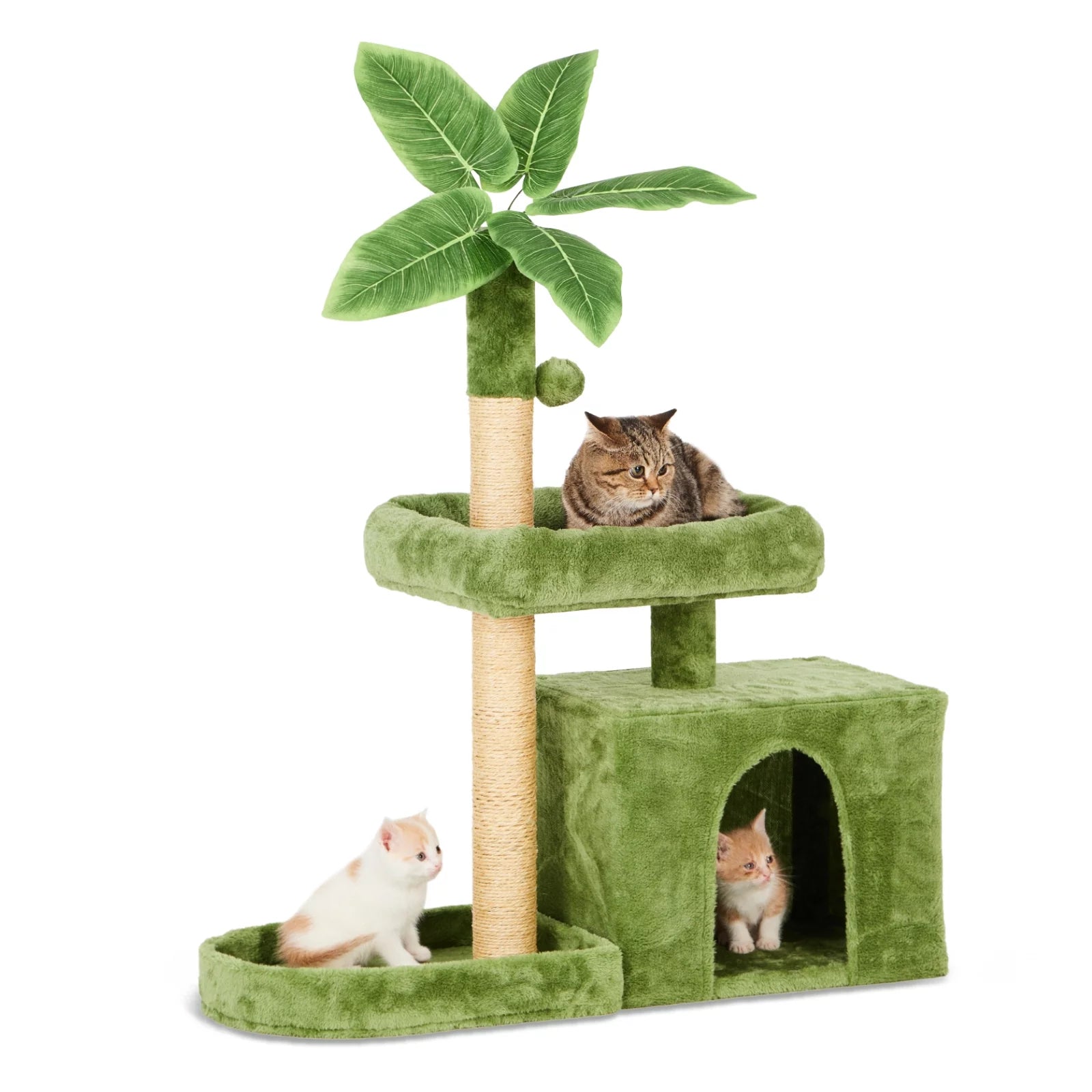 31.5'' Cat Tree Tower with Green Leaf Design – Plush Cat Condo with Scratching Posts, Cozy House, and Hanging Ball for Indoor Cats