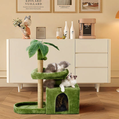 31.5'' Cat Tree Tower with Green Leaf Design – Plush Cat Condo with Scratching Posts, Cozy House, and Hanging Ball for Indoor Cats