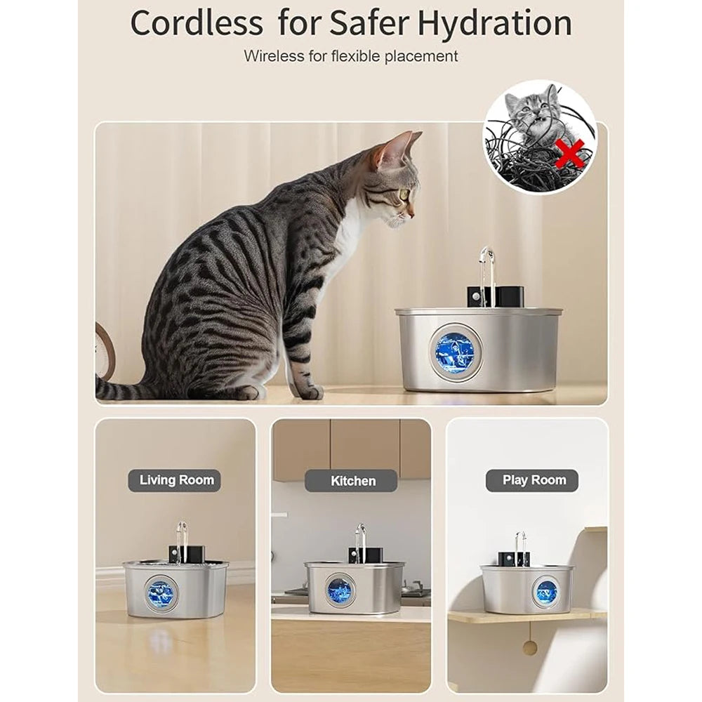 3.2L Wireless Stainless Steel Pet Water Feeder Auto Cat Fountain Faucet Smart Dog Water Dispenser Visual Window Drinking Bowl