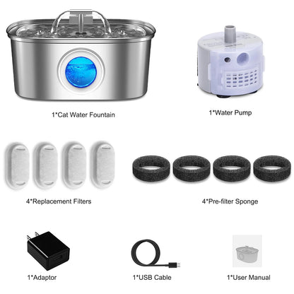 Stainless Steel Cat Water Fountain – 108oz/3.2L Pet Drinking Fountain with Water Level Window, Quiet Pump & 4 Replacement Filters for Cats and Dogs
